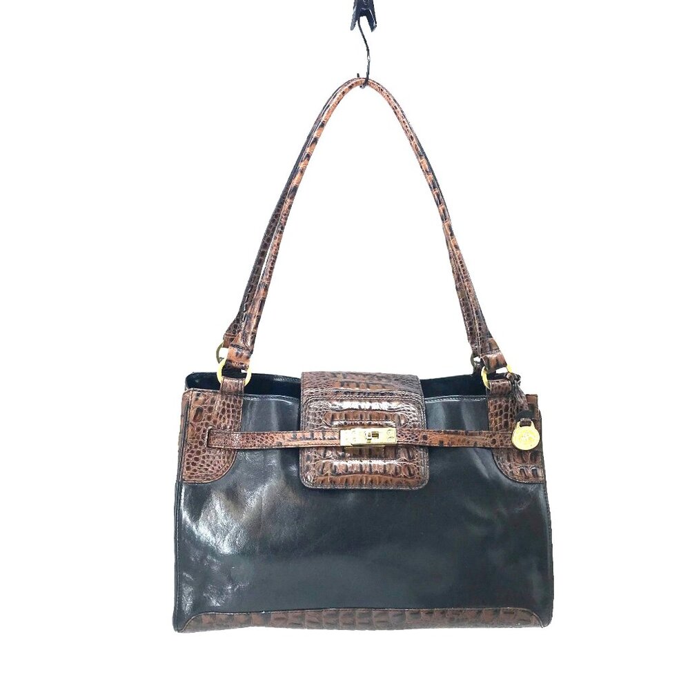 BRAHMIN Shoulder Bag Black & Croc Embossed Brown 9 X 15 - Picture 1 of 14